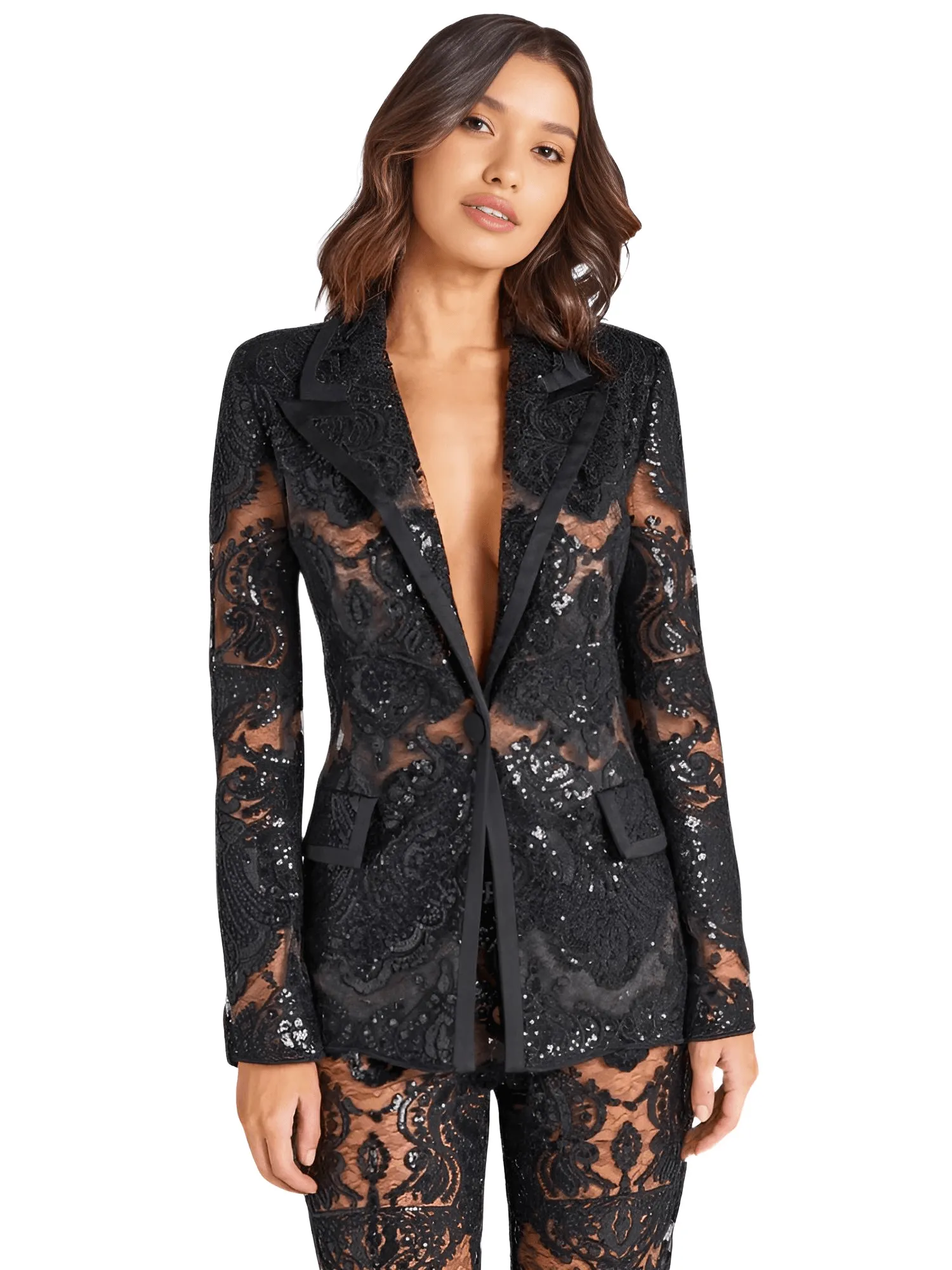 2024 Designer Runway Suit Set Women's Single Button Lace Sequined Blazer Pants Suit