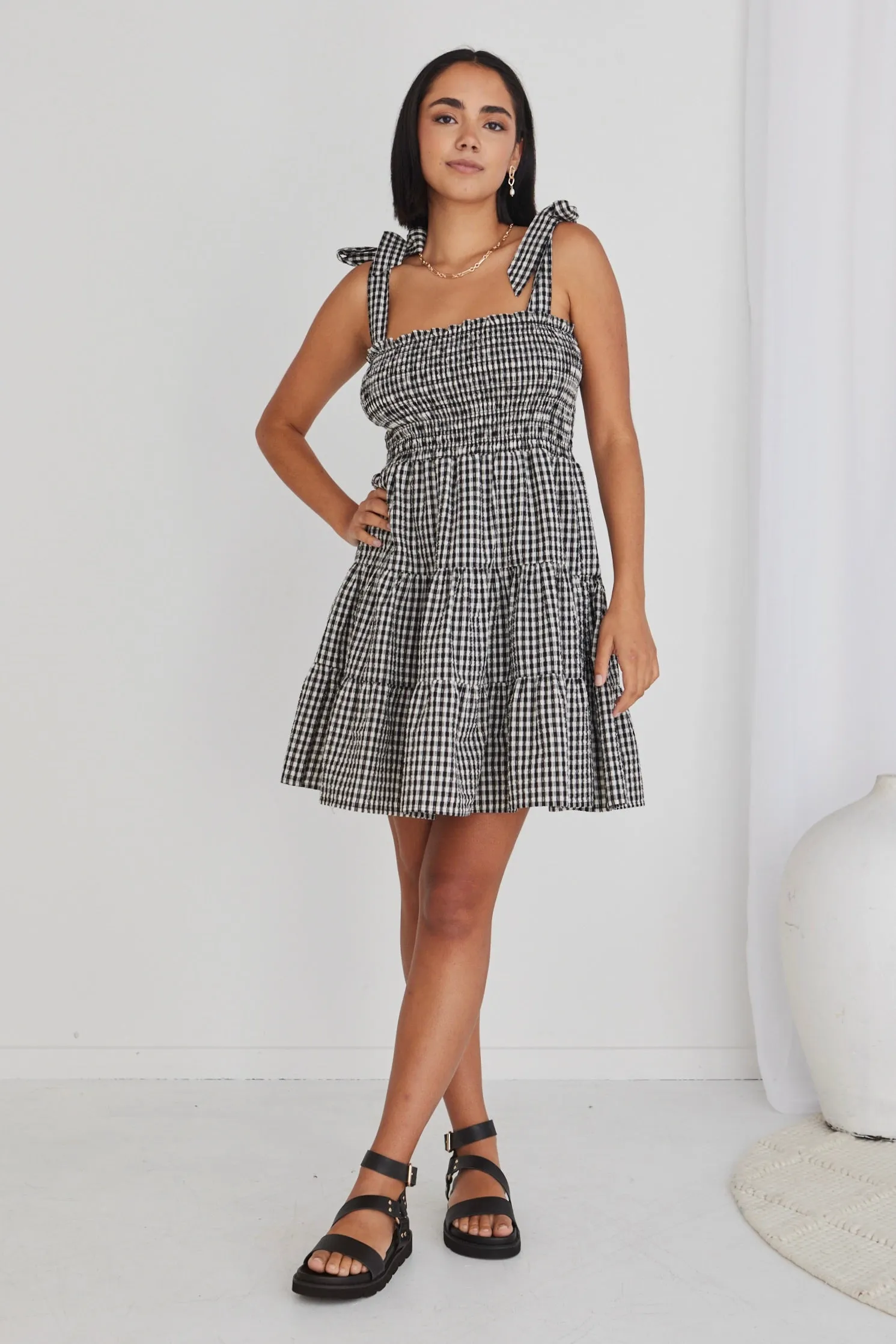 Arabella Black Gingham Shirred Tie Strappy Mini Dress