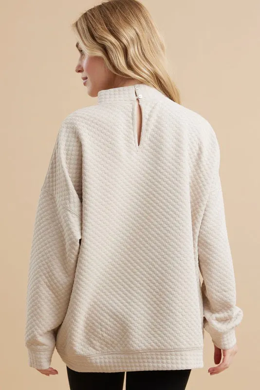 Beige Textured Mock Neck Sweatshirt