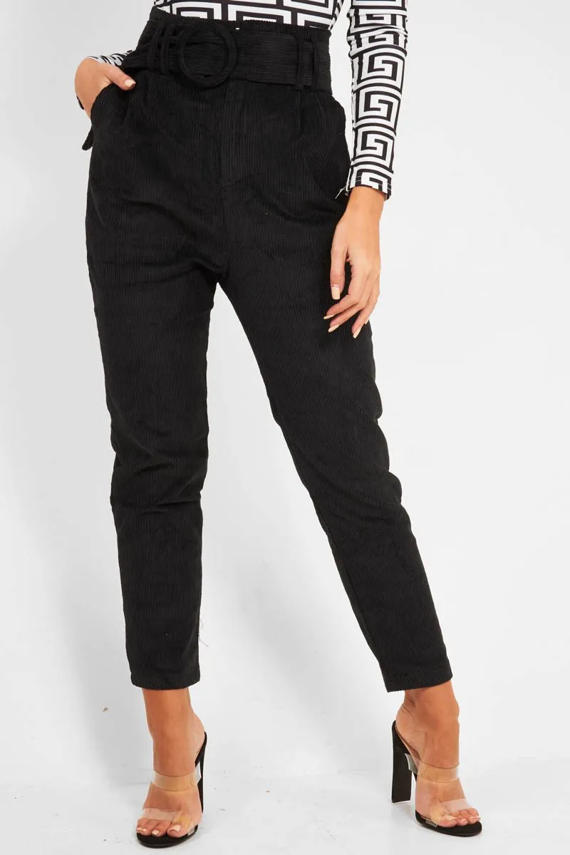 Black Corduroy Belted Tapered Trousers - Janelle