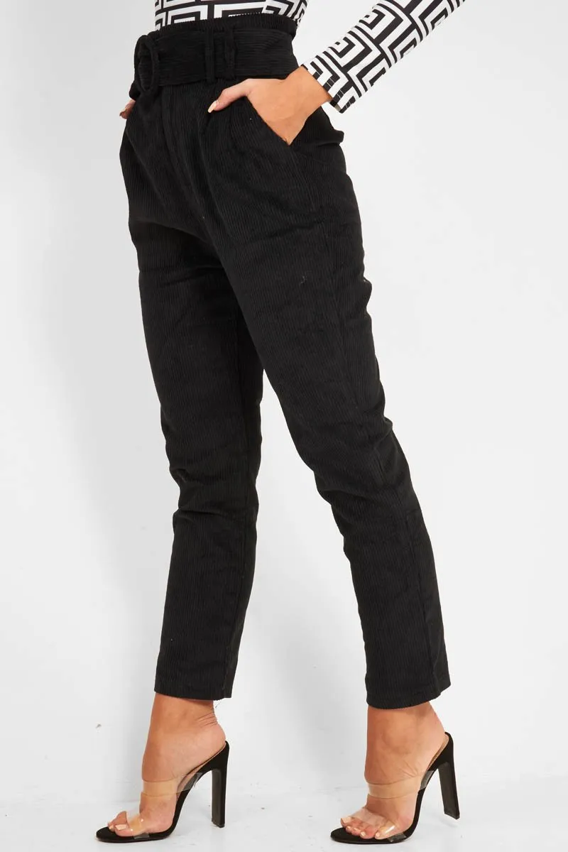 Black Corduroy Belted Tapered Trousers - Janelle