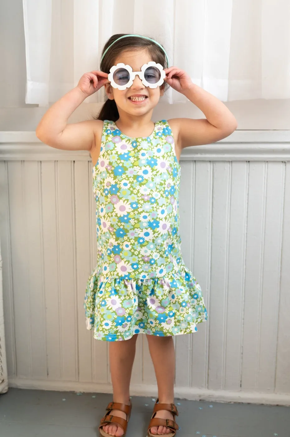 Blue And Green Flower Power Drop Waist Dress For Babies, Toddler And Girls