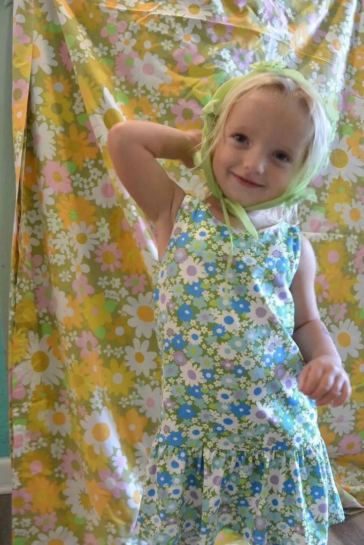 Blue And Green Flower Power Drop Waist Dress For Babies, Toddler And Girls