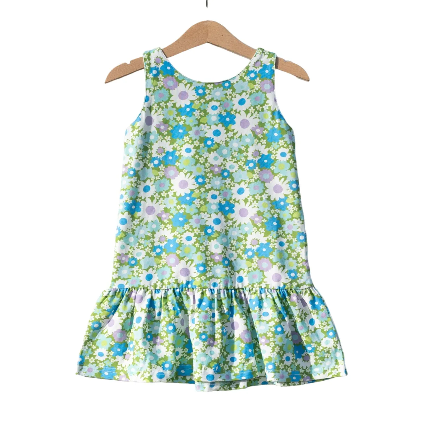 Blue And Green Flower Power Drop Waist Dress For Babies, Toddler And Girls