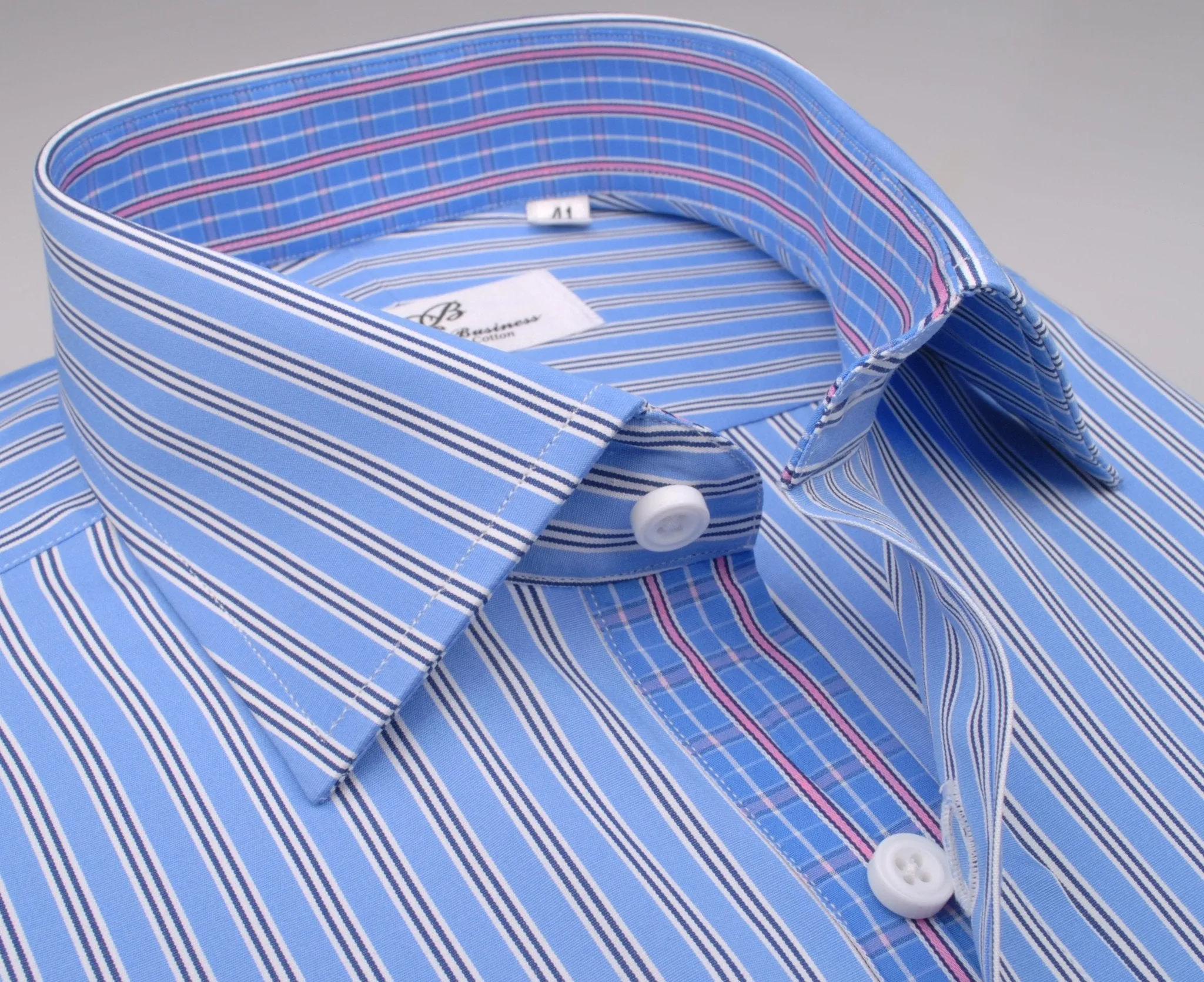 Blue Hollow Striped Formal Business Dress Shirt with Pink Designer Inner-Lining