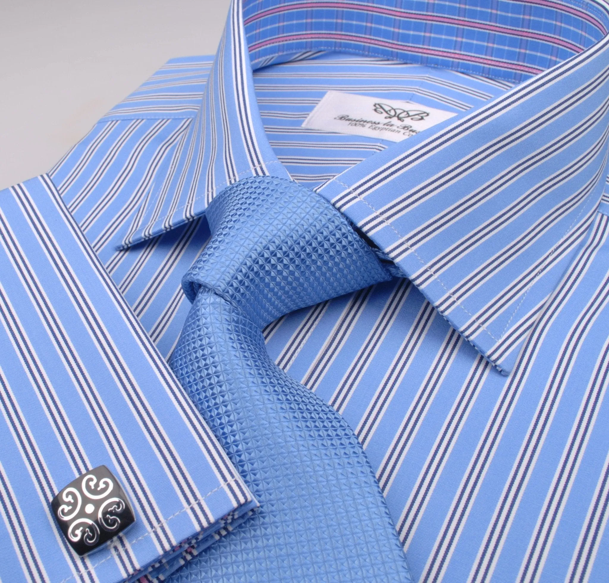 Blue Hollow Striped Formal Business Dress Shirt with Pink Designer Inner-Lining