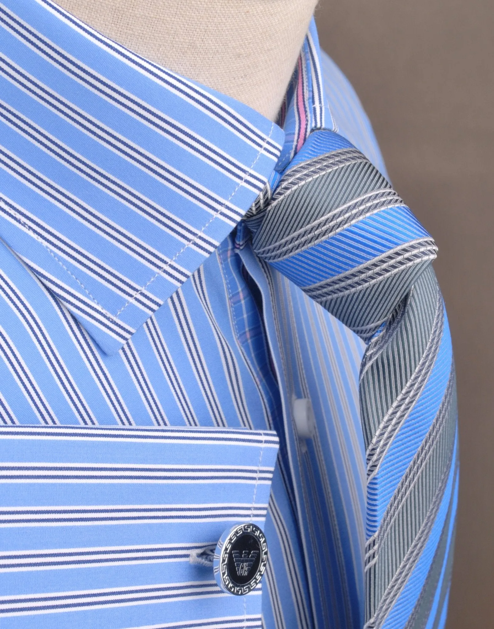 Blue Hollow Striped Formal Business Dress Shirt with Pink Designer Inner-Lining