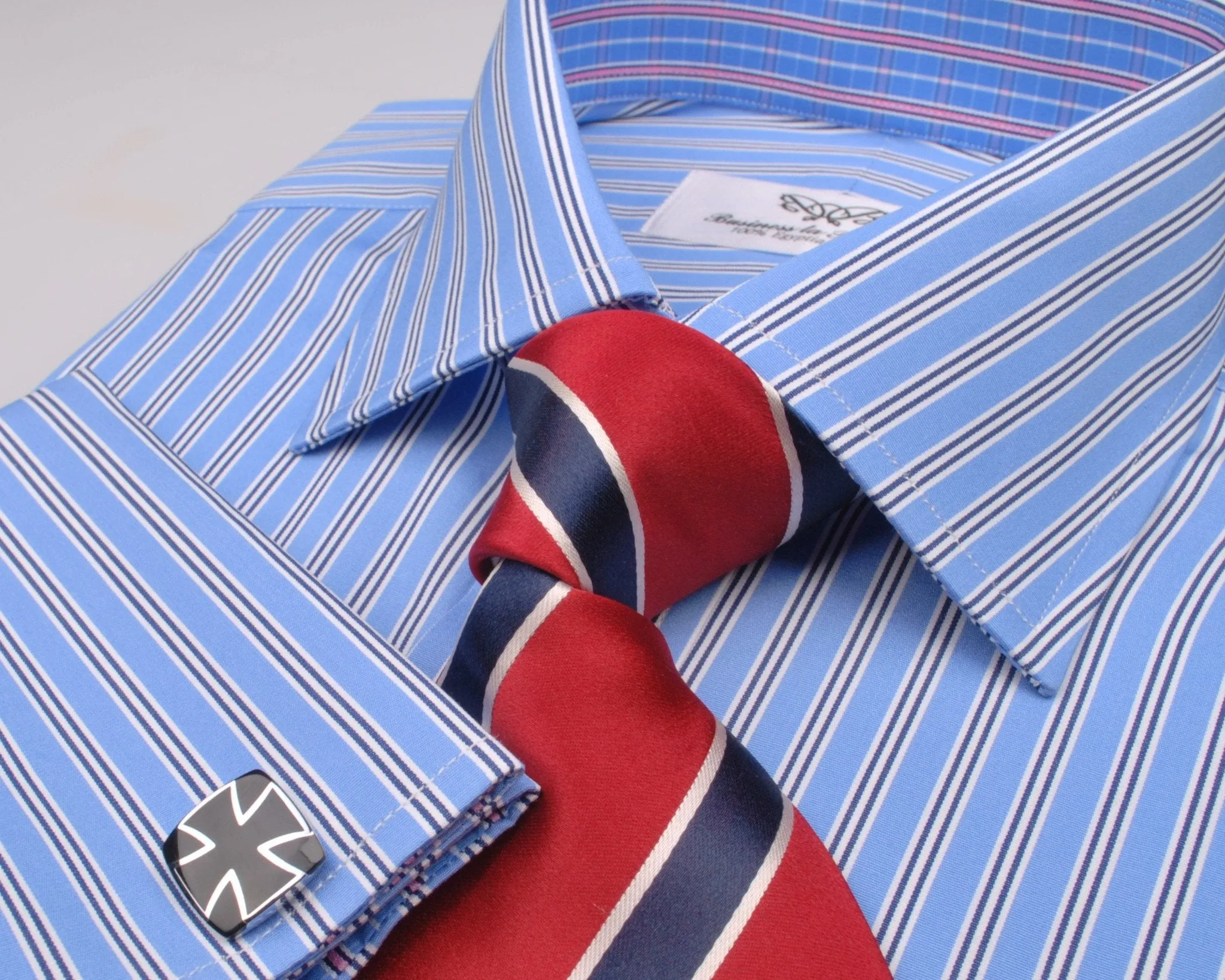 Blue Hollow Striped Formal Business Dress Shirt with Pink Designer Inner-Lining