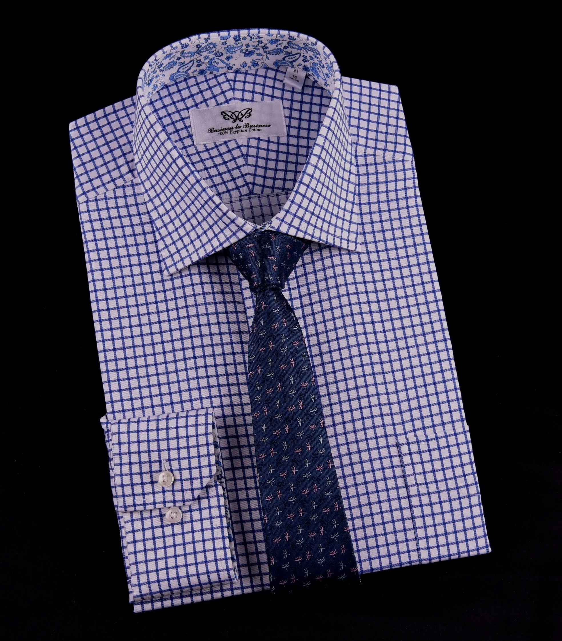 Blue Plaids & Checks Twill Formal Business Dress Shirt Paisley B2B Spread Collar in Single Button Cuffs