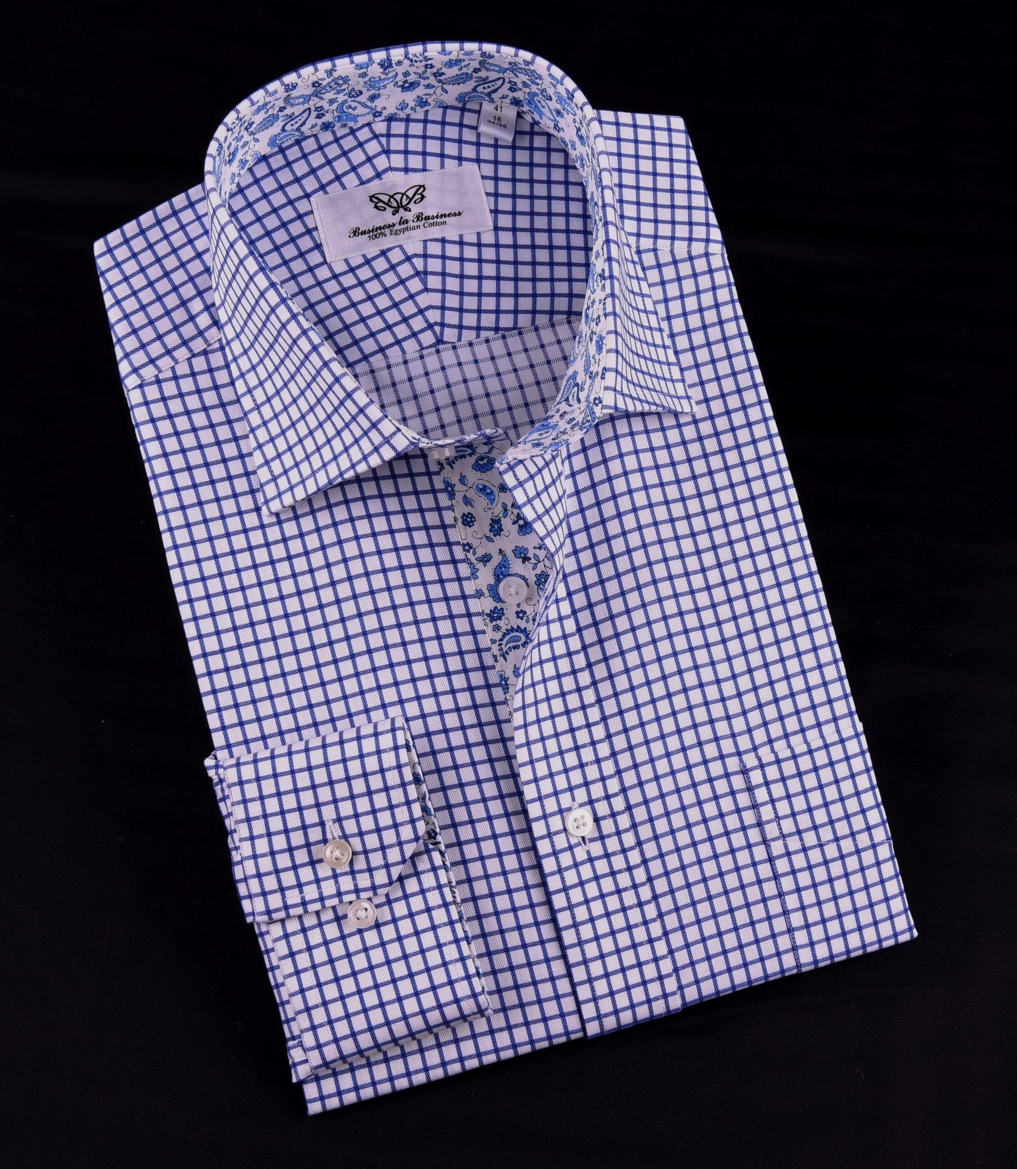 Blue Plaids & Checks Twill Formal Business Dress Shirt Paisley B2B Spread Collar in Single Button Cuffs