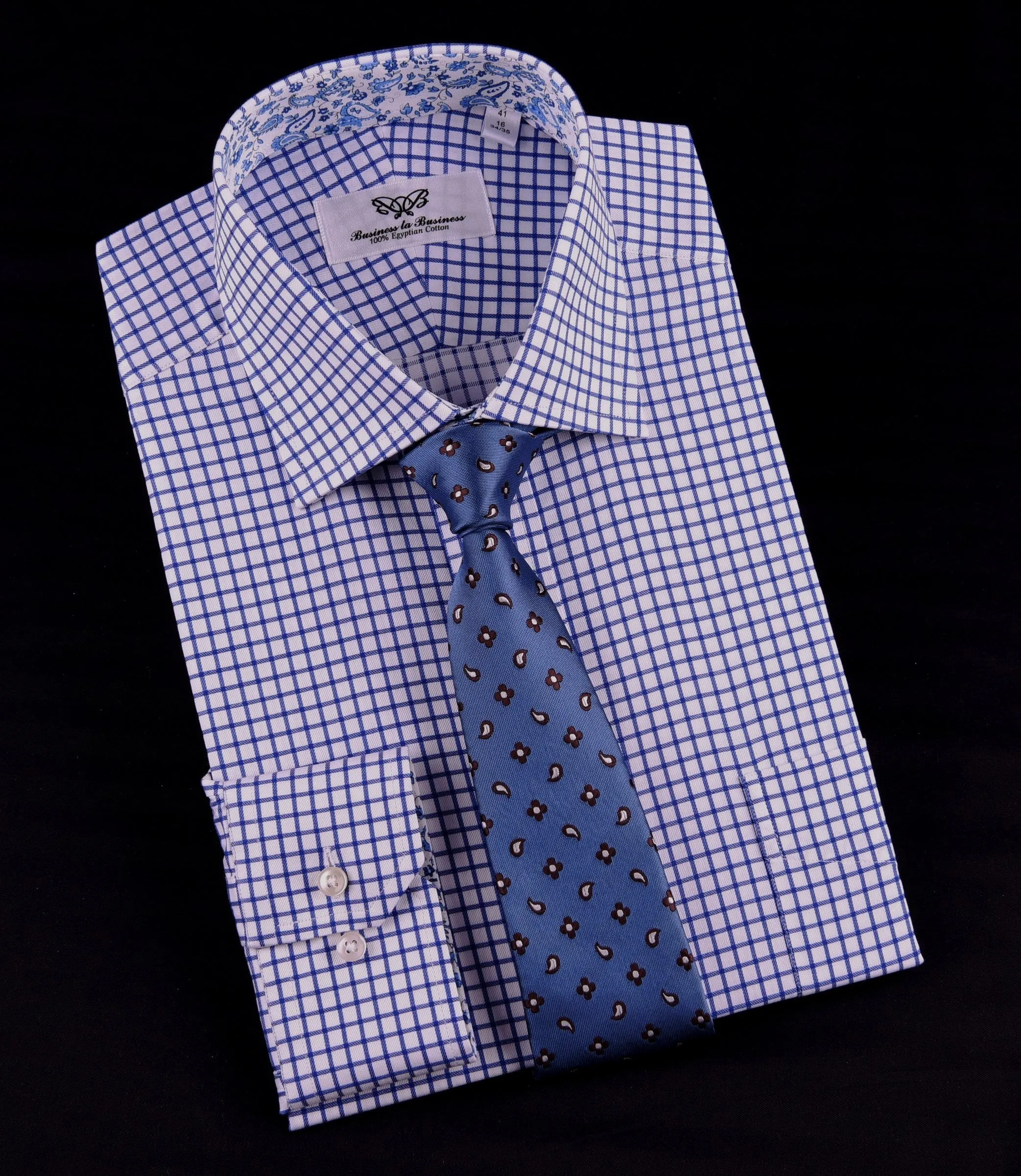 Blue Plaids & Checks Twill Formal Business Dress Shirt Paisley B2B Spread Collar in Single Button Cuffs