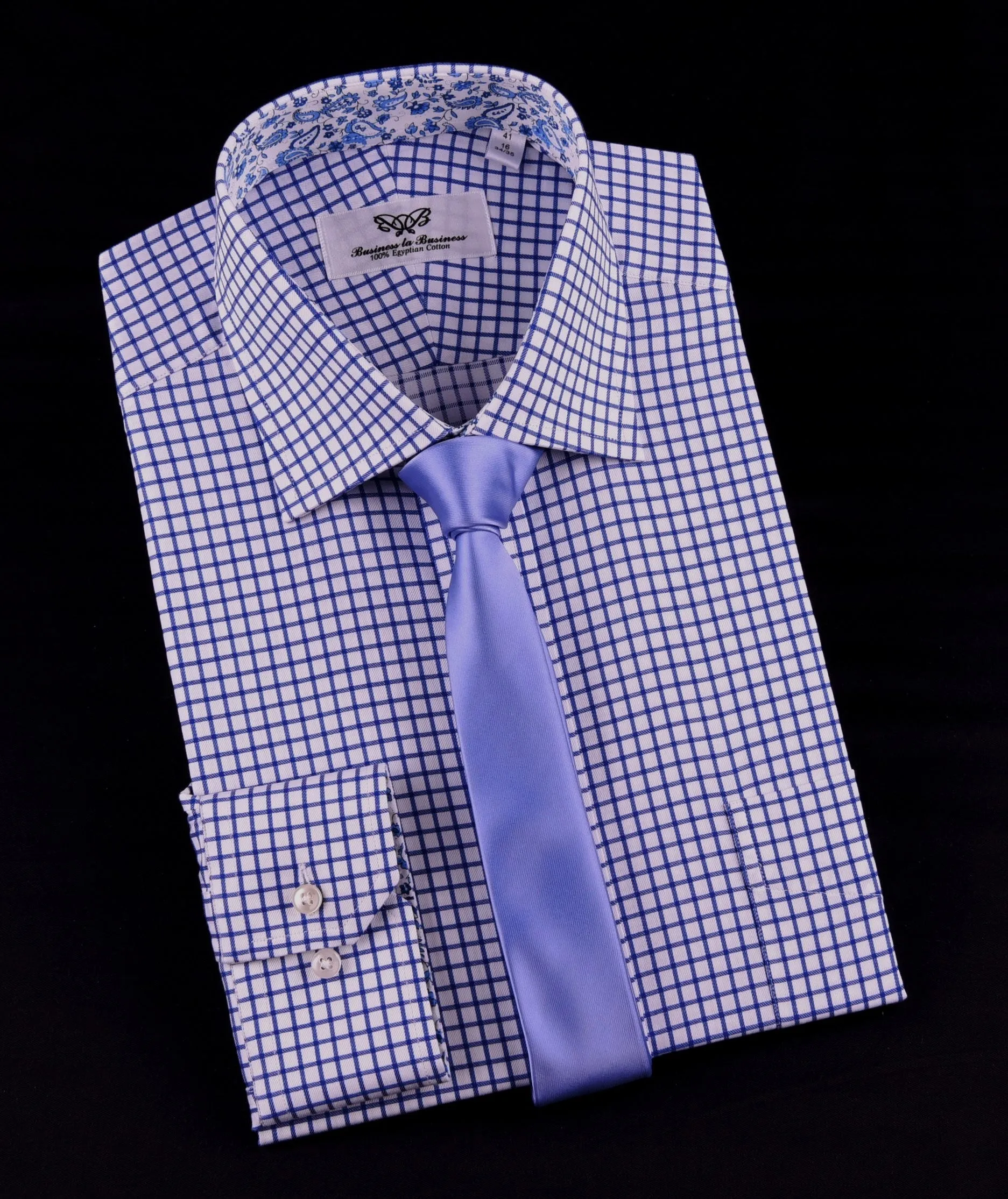 Blue Plaids & Checks Twill Formal Business Dress Shirt Paisley B2B Spread Collar in Single Button Cuffs