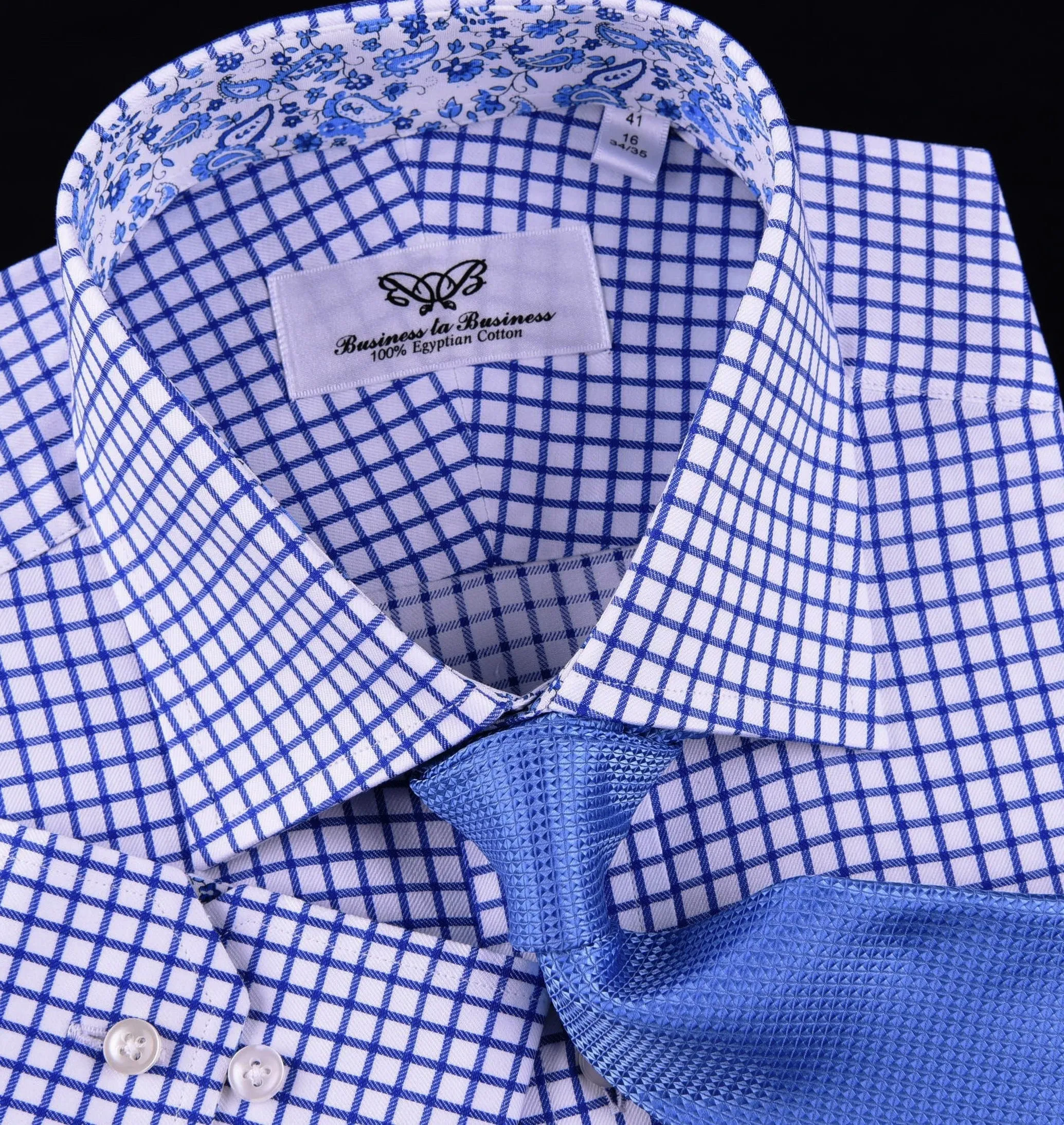 Blue Plaids & Checks Twill Formal Business Dress Shirt Paisley B2B Spread Collar in Single Button Cuffs