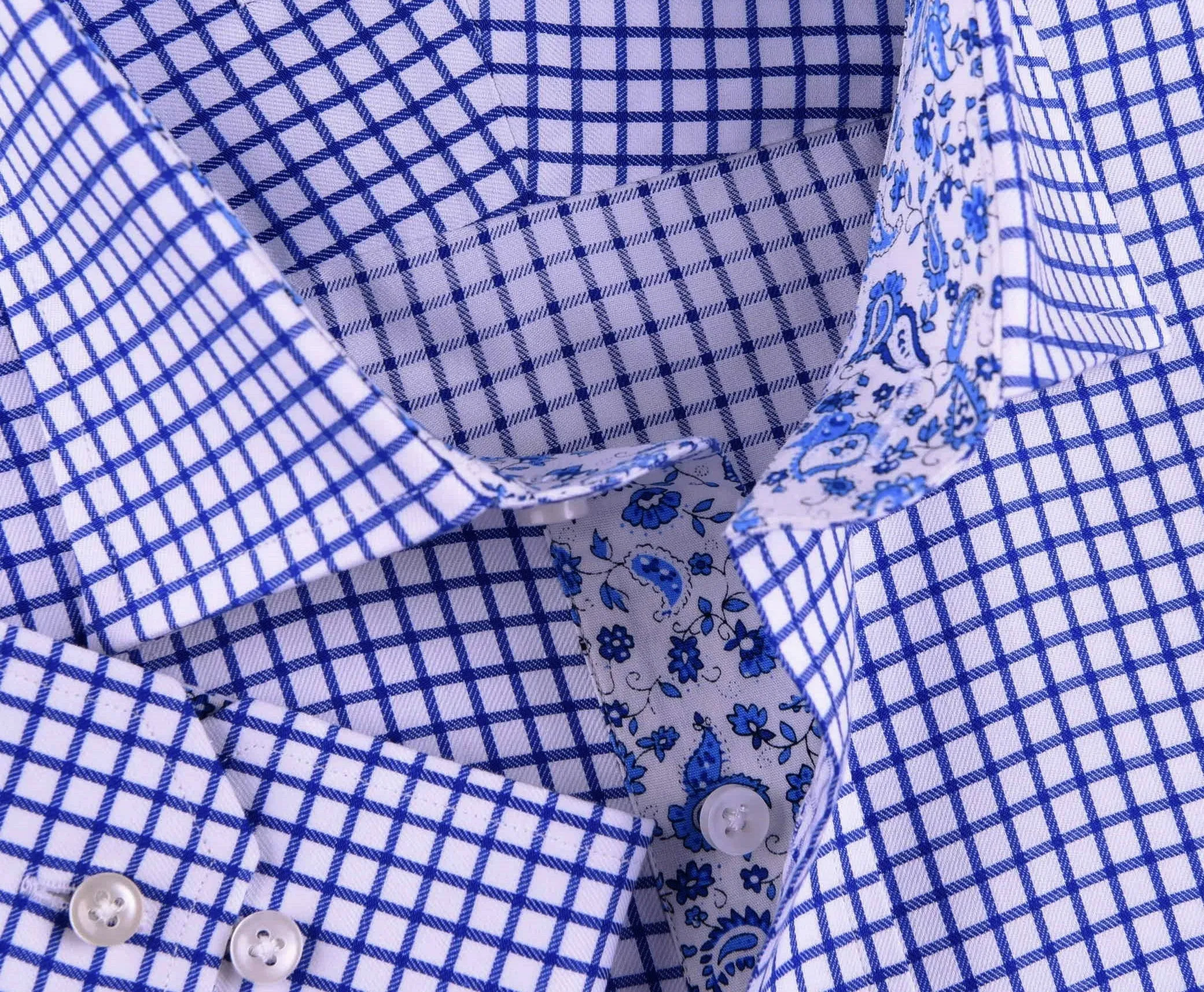 Blue Plaids & Checks Twill Formal Business Dress Shirt Paisley B2B Spread Collar in Single Button Cuffs