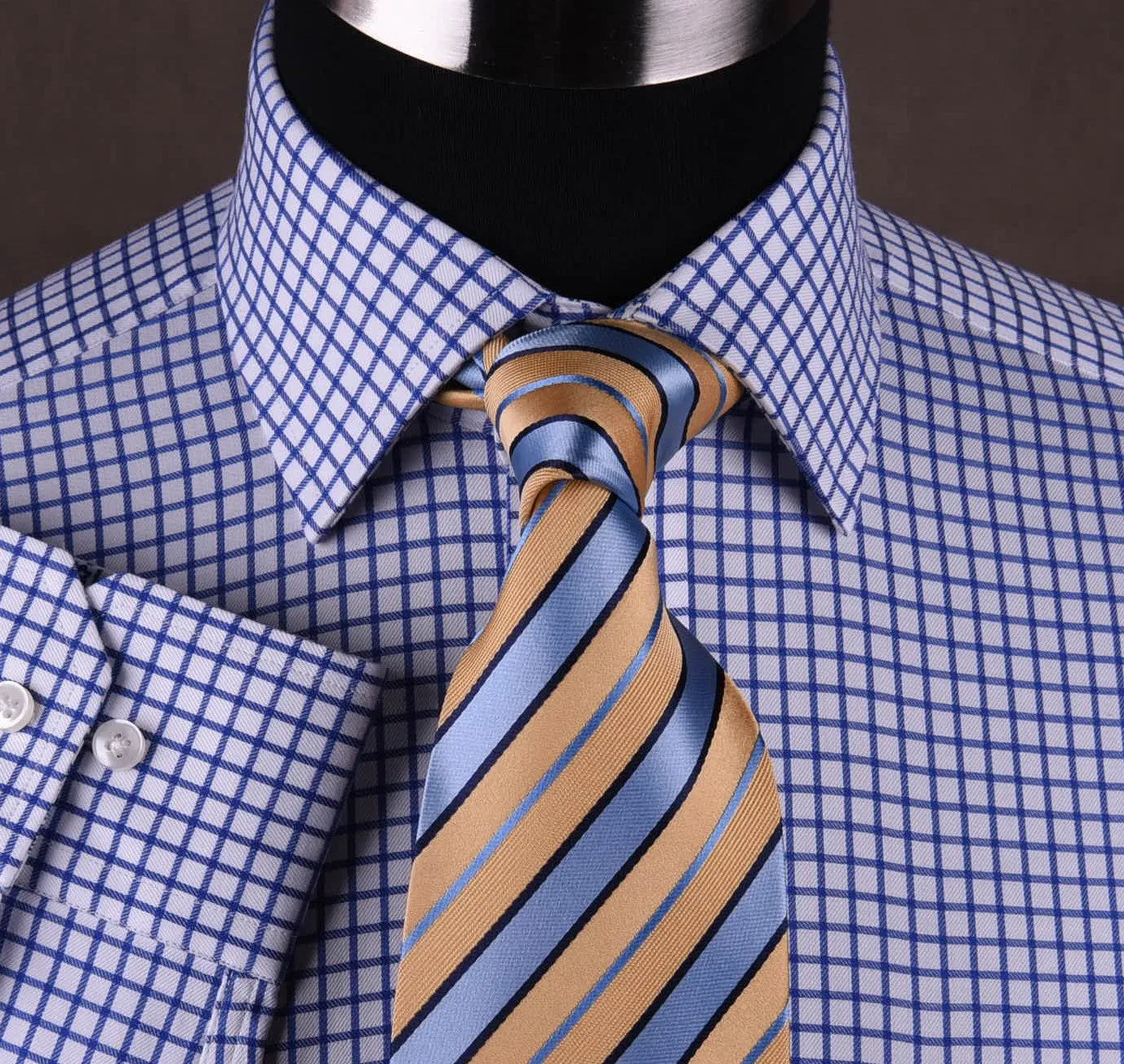 Blue Plaids & Checks Twill Formal Business Dress Shirt Paisley B2B Spread Collar in Single Button Cuffs