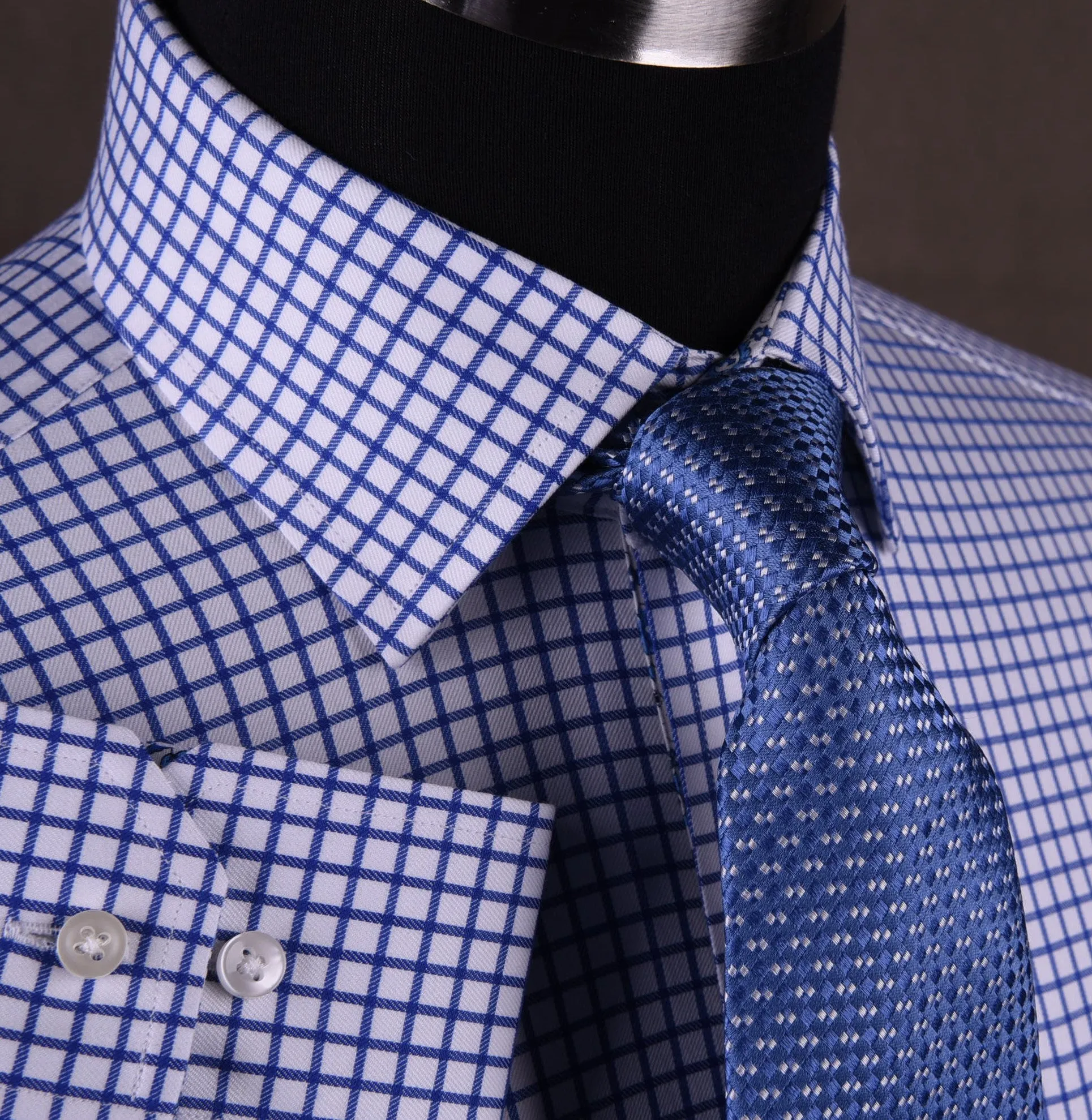 Blue Plaids & Checks Twill Formal Business Dress Shirt Paisley B2B Spread Collar in Single Button Cuffs