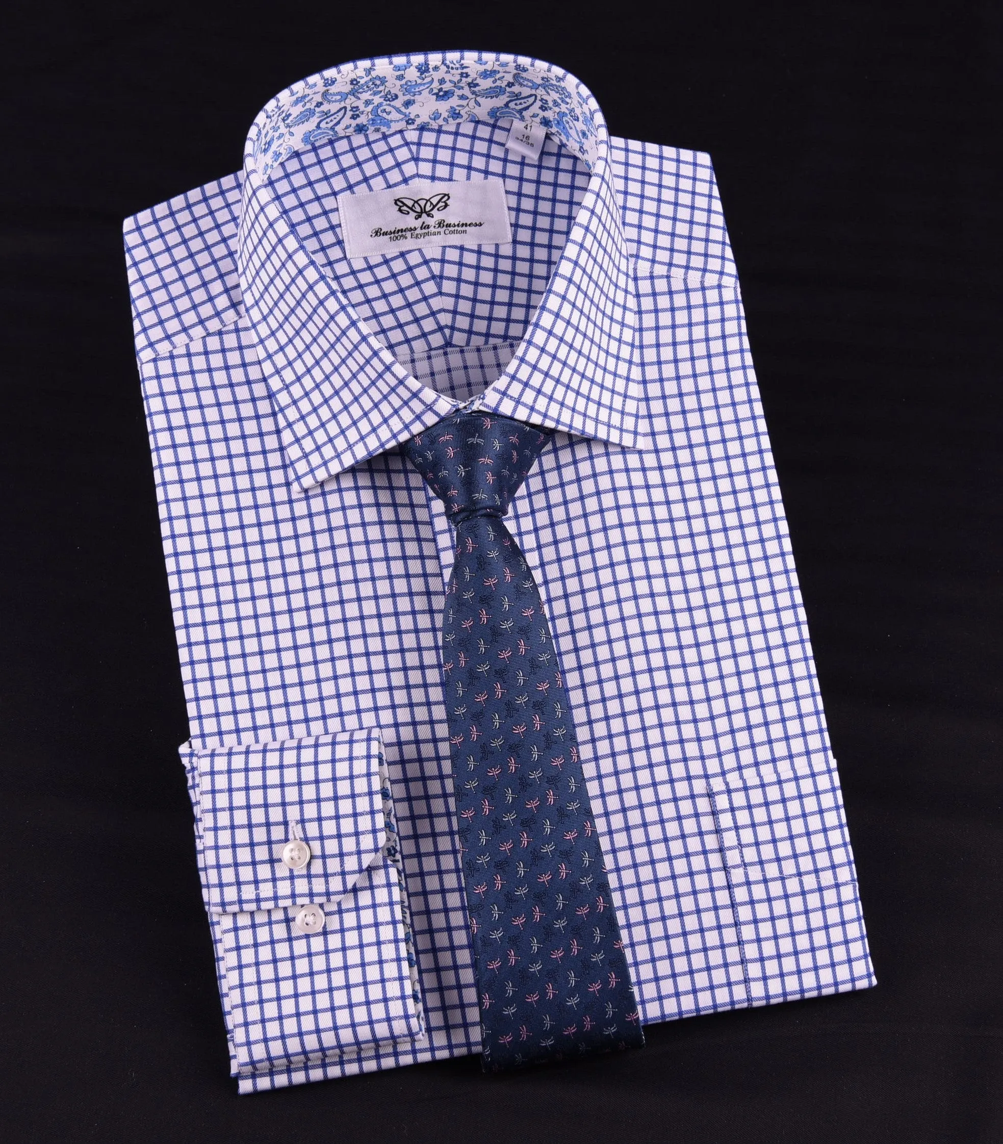 Blue Plaids & Checks Twill Formal Business Dress Shirt Paisley B2B Spread Collar in Single Button Cuffs