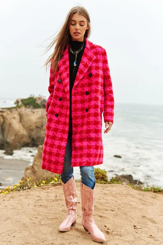 Bohemian Textured Knit Tweed Plaid Double Button Coat Jacket