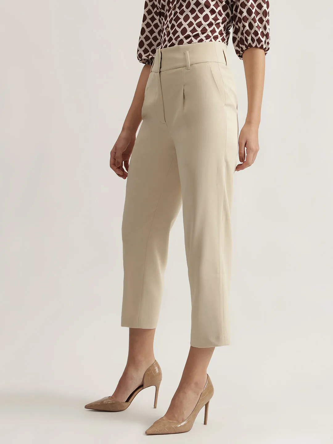 Centre Stage Women Beige Solid Regular Fit Single Pleated Trouser