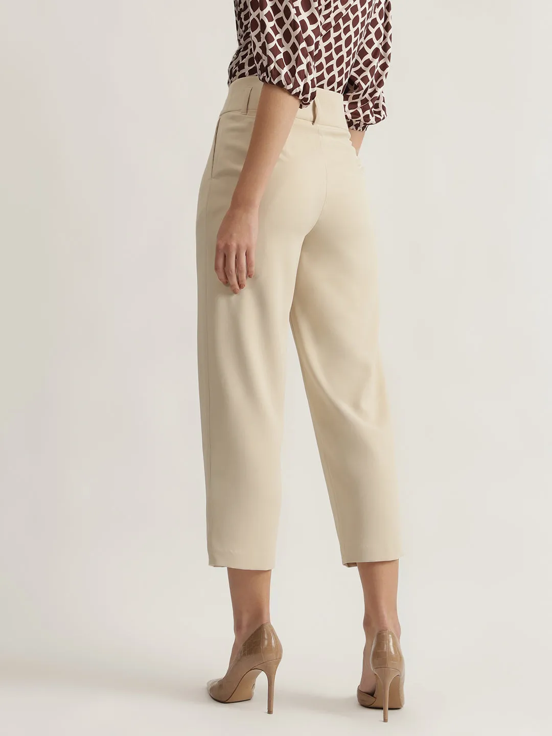 Centre Stage Women Beige Solid Regular Fit Single Pleated Trouser