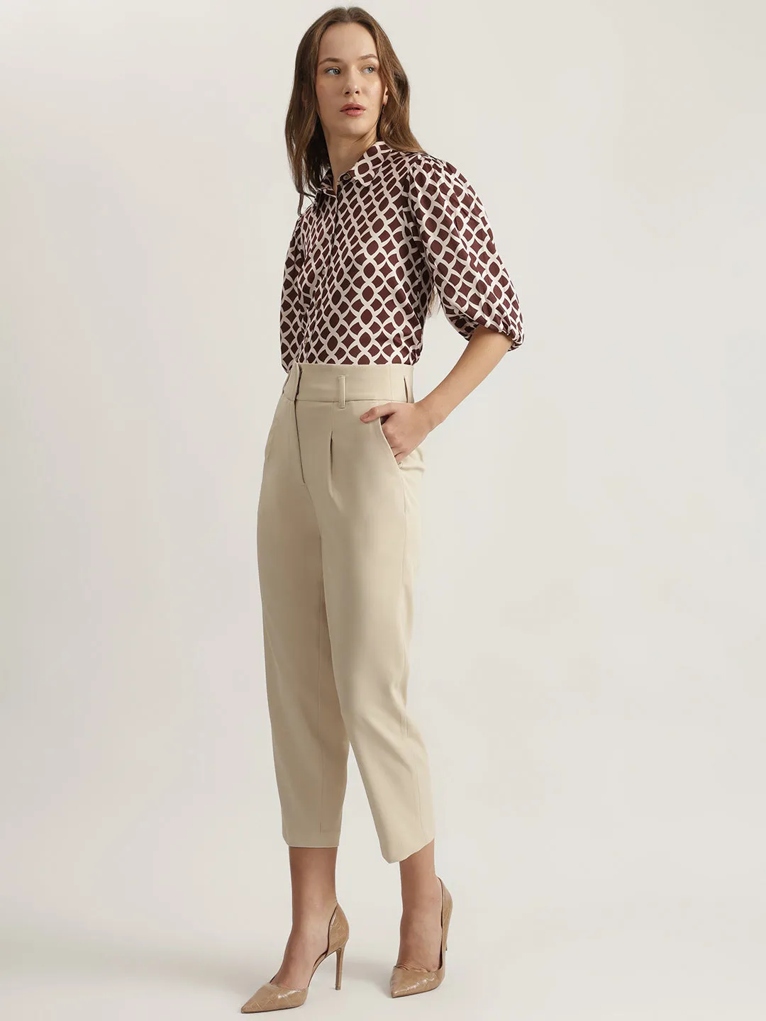 Centre Stage Women Beige Solid Regular Fit Single Pleated Trouser