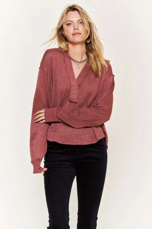 Deep V-neck Collared Longsleeve Knit Top