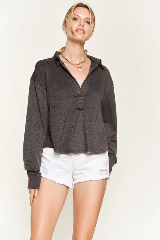 Deep V-neck Collared Longsleeve Knit Top