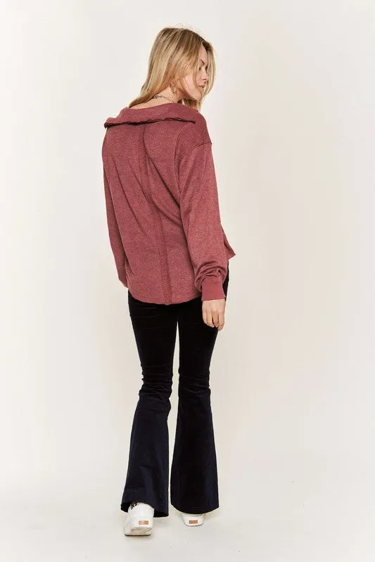 Deep V-neck Collared Longsleeve Knit Top