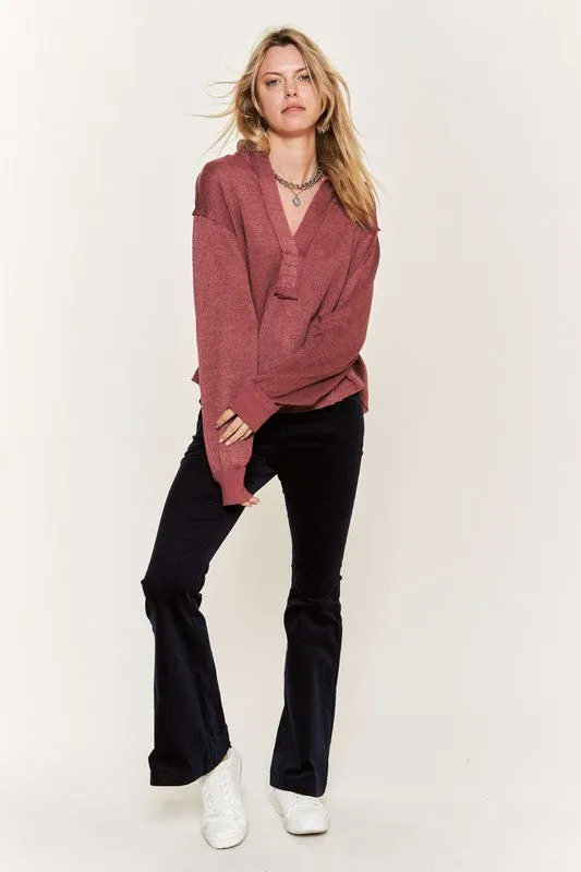 Deep V-neck Collared Longsleeve Knit Top