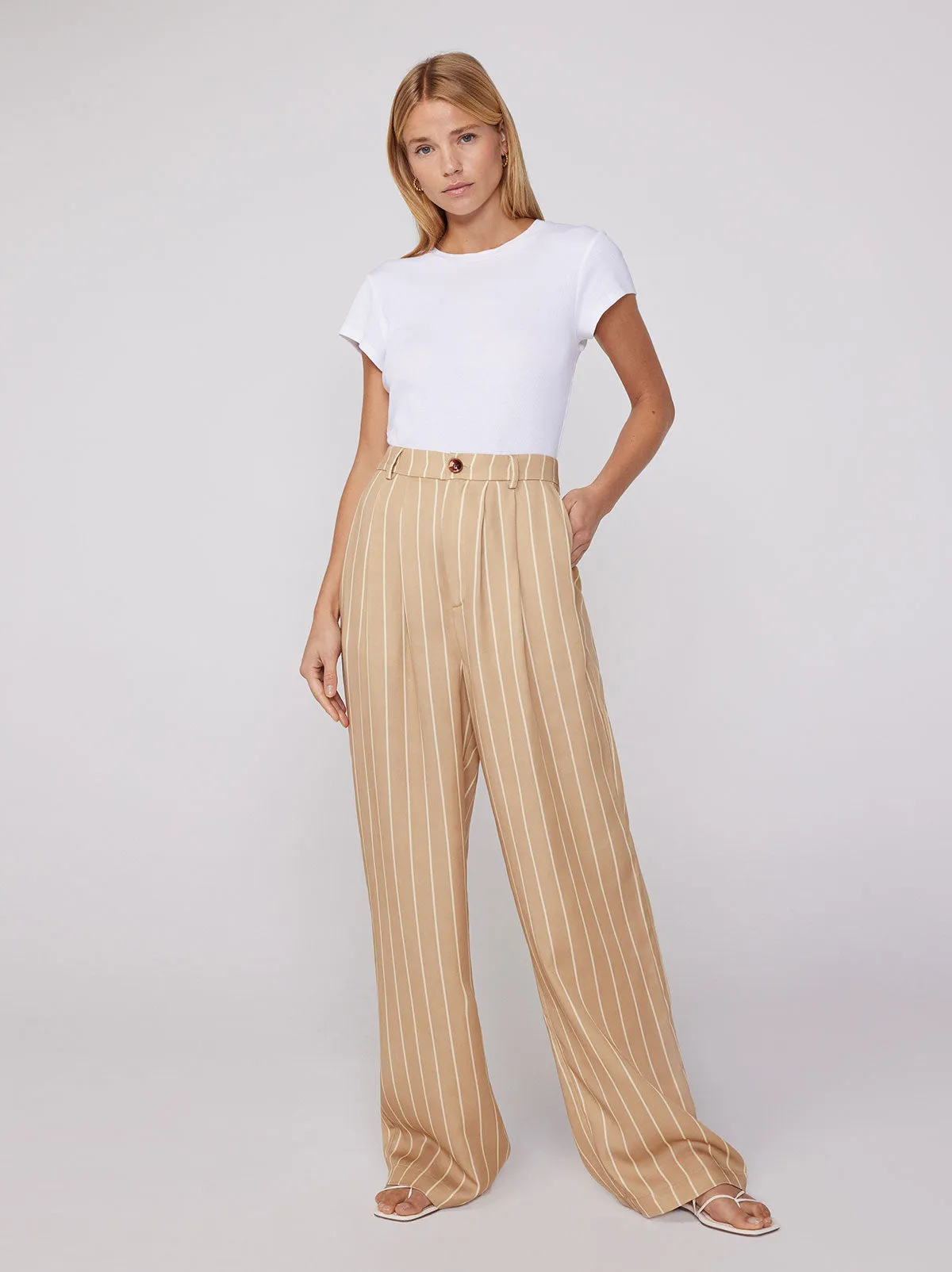 Edith Camel Stripe Wide-Leg Trousers