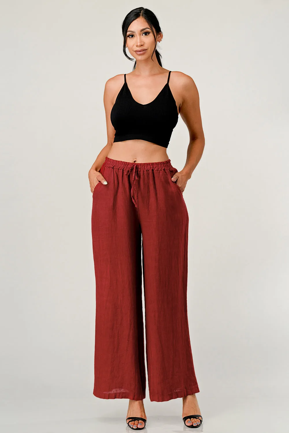 Elastic Waist Linen Pants w Pockets