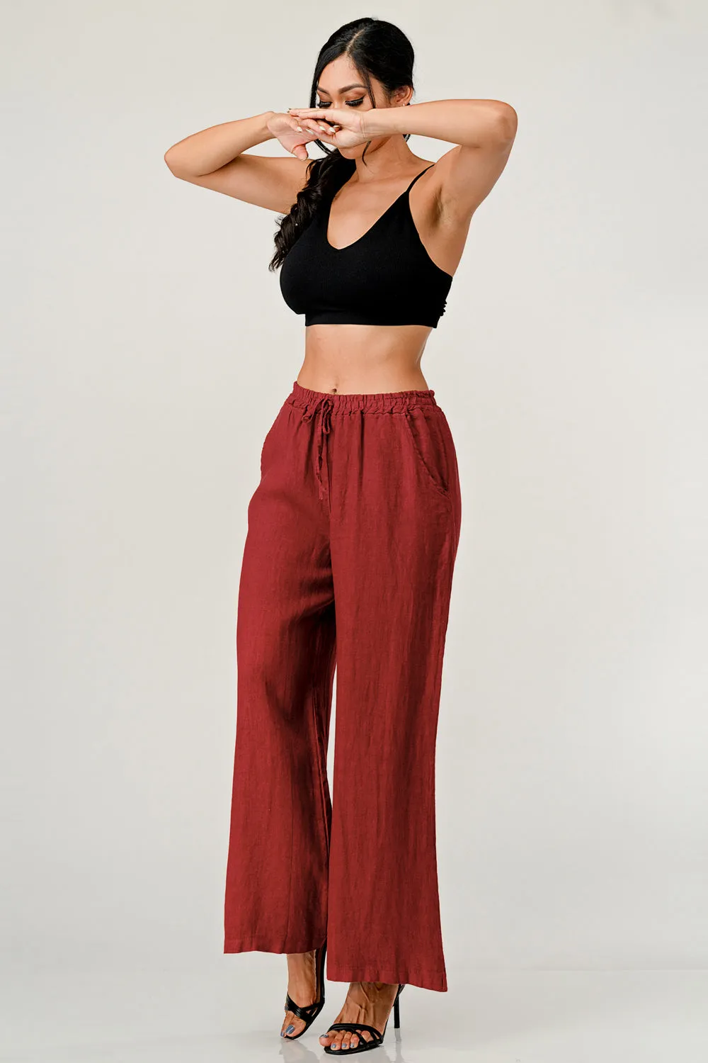 Elastic Waist Linen Pants w Pockets