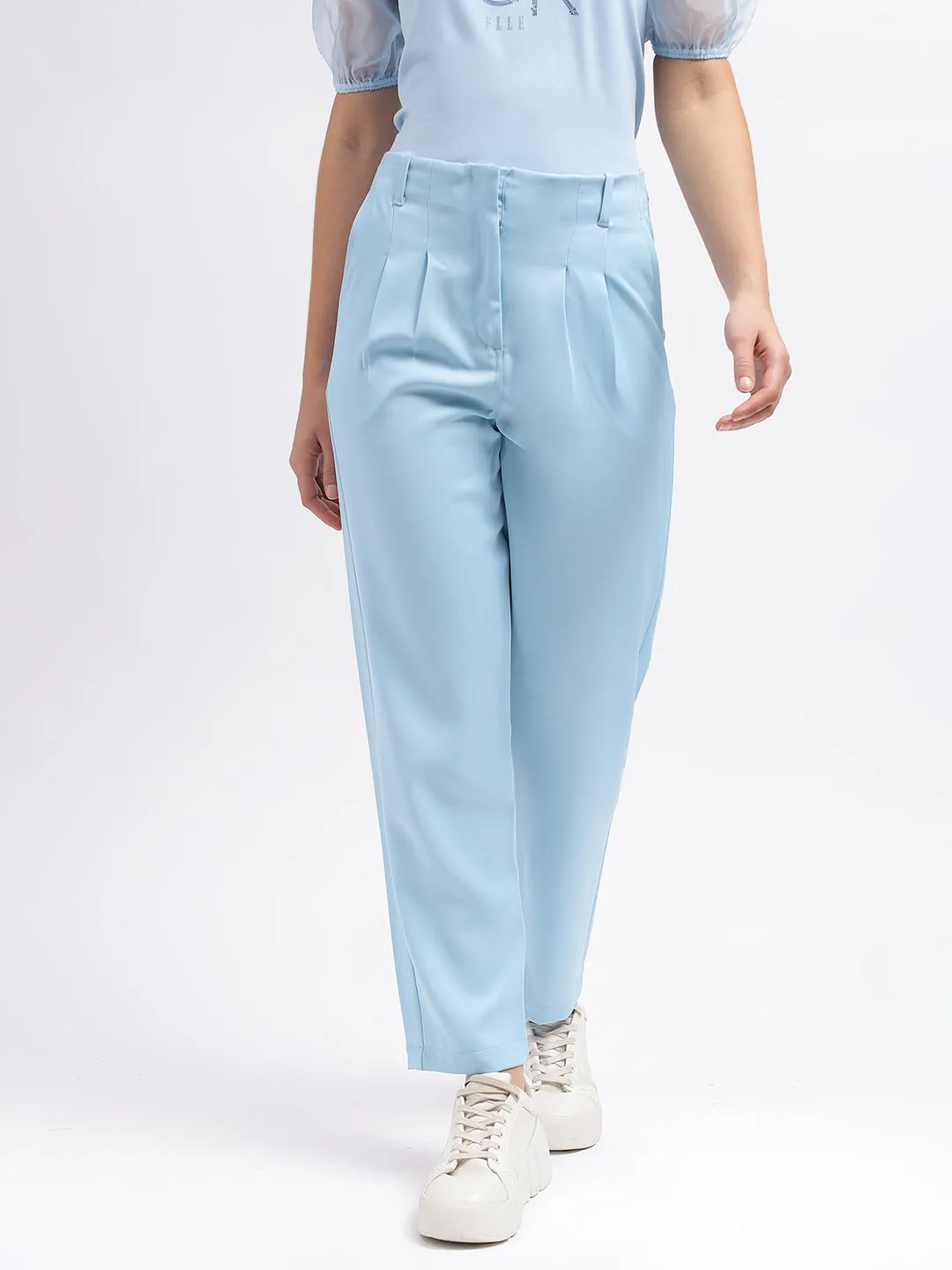 Elle Women Blue Solid Straight Fit High-Rise Trouser