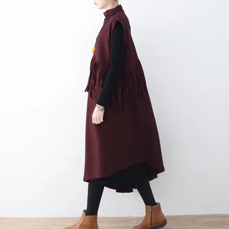 Fine burgundy long woolen trendy plus size tassel fall dresses Elegant asymmetric hem winter dress