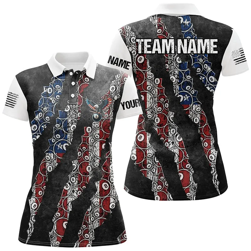 Grunge American Flag 8 Ball Pattern Custom Billiard Polo Shirts, Patriotic Billiard Jerseys