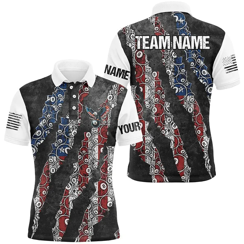 Grunge American Flag 8 Ball Pattern Custom Billiard Polo Shirts, Patriotic Billiard Jerseys