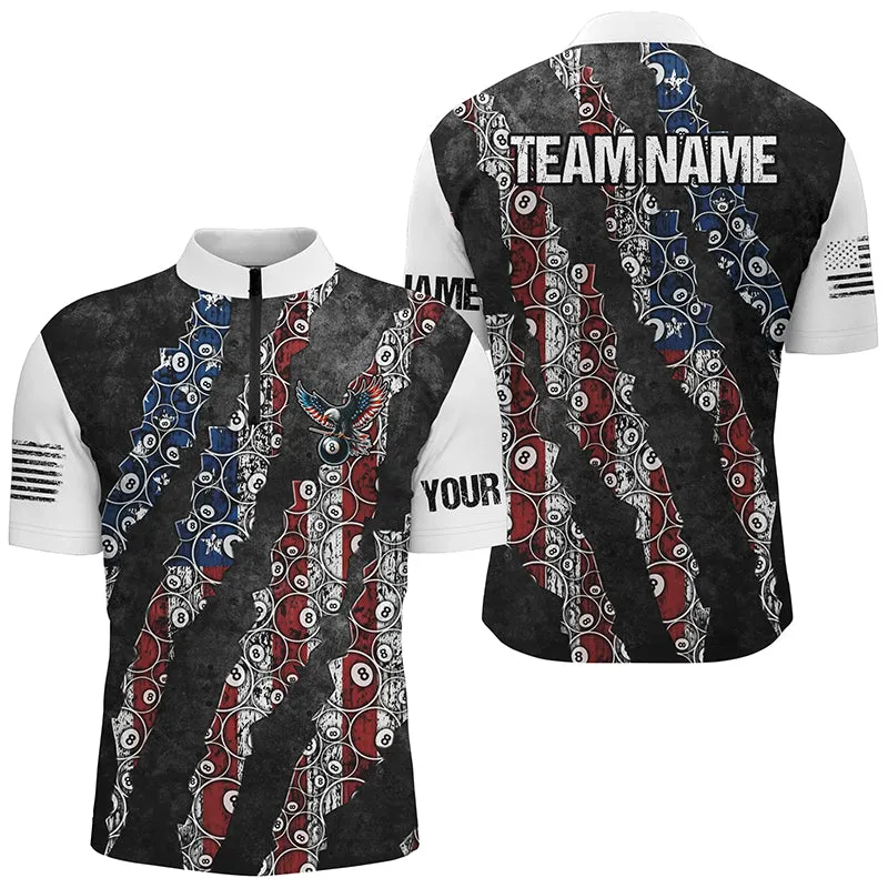 Grunge American Flag 8 Ball Pattern Custom Billiard Polo Shirts, Patriotic Billiard Jerseys