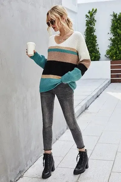 Julia Striped Slouch V-Neck Sweater