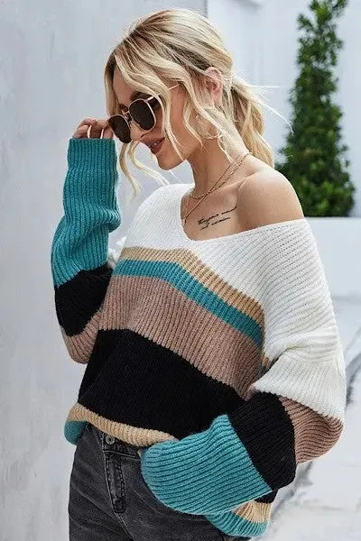 Julia Striped Slouch V-Neck Sweater