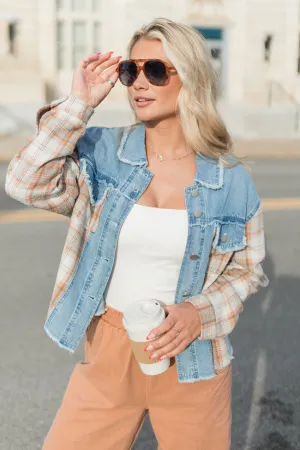 Leads To You Brown Plaid and Denim Jacket SALE