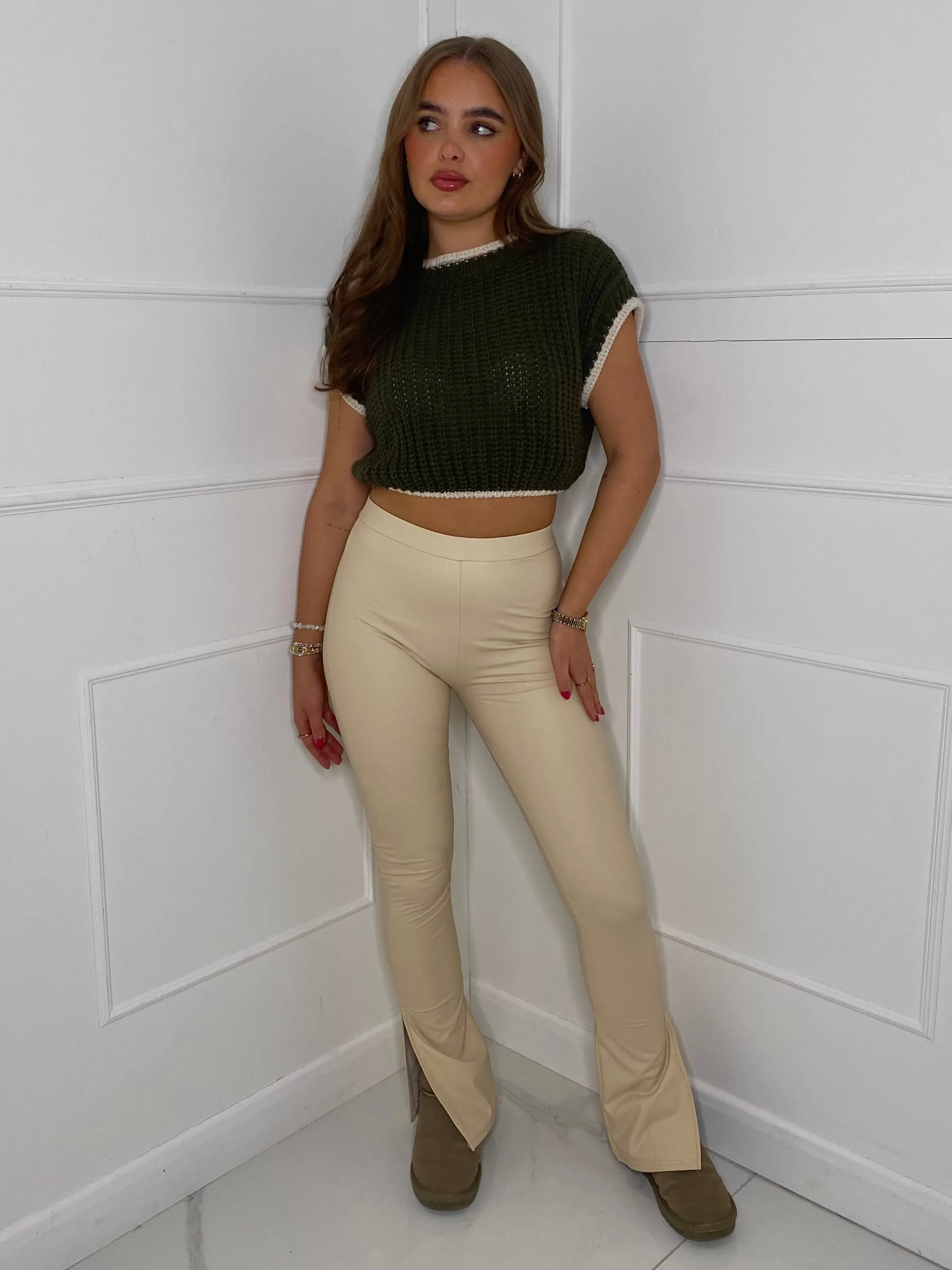 Leather Look Slit Flared Leggings - Cream