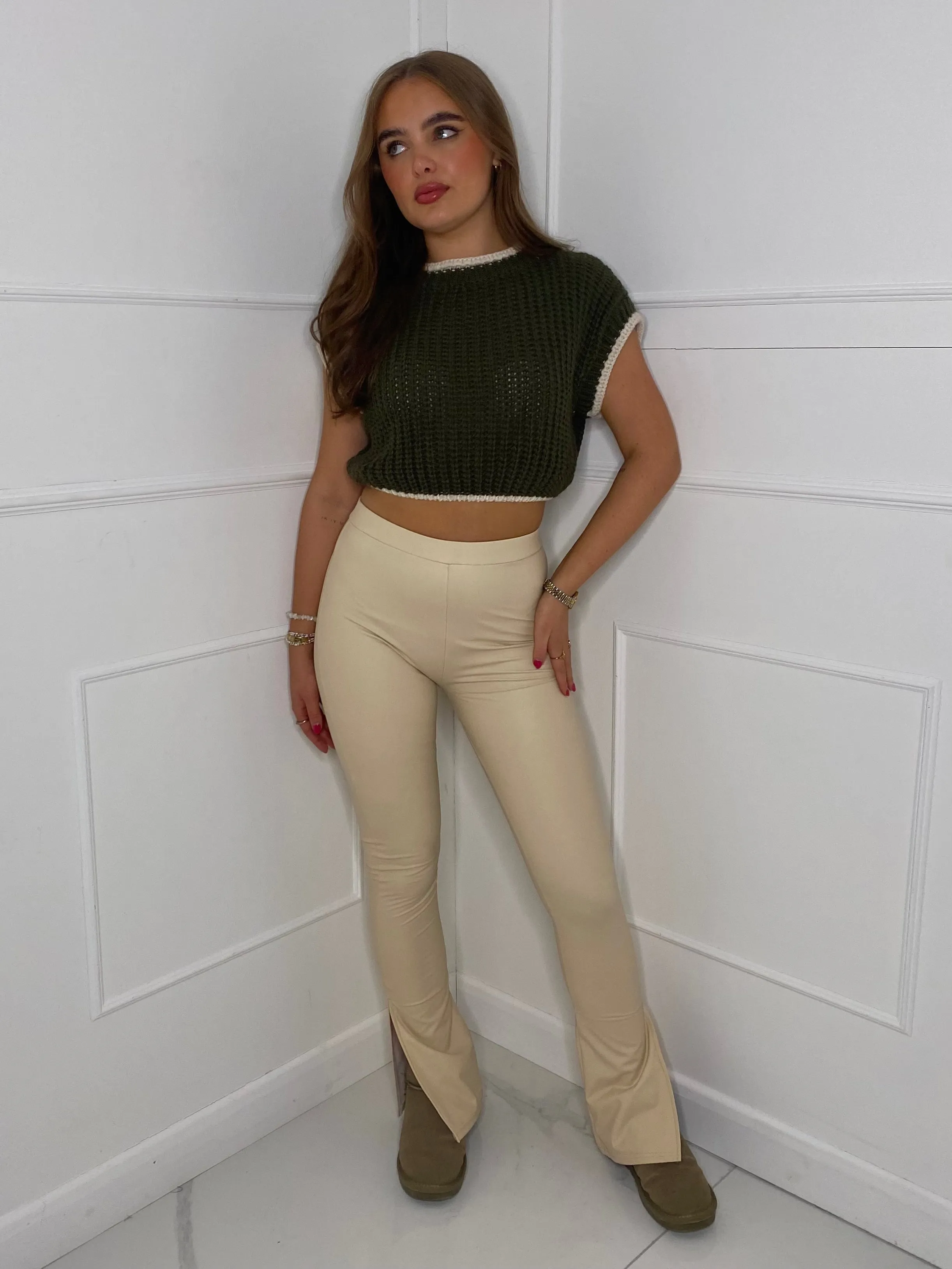 Leather Look Slit Flared Leggings - Cream