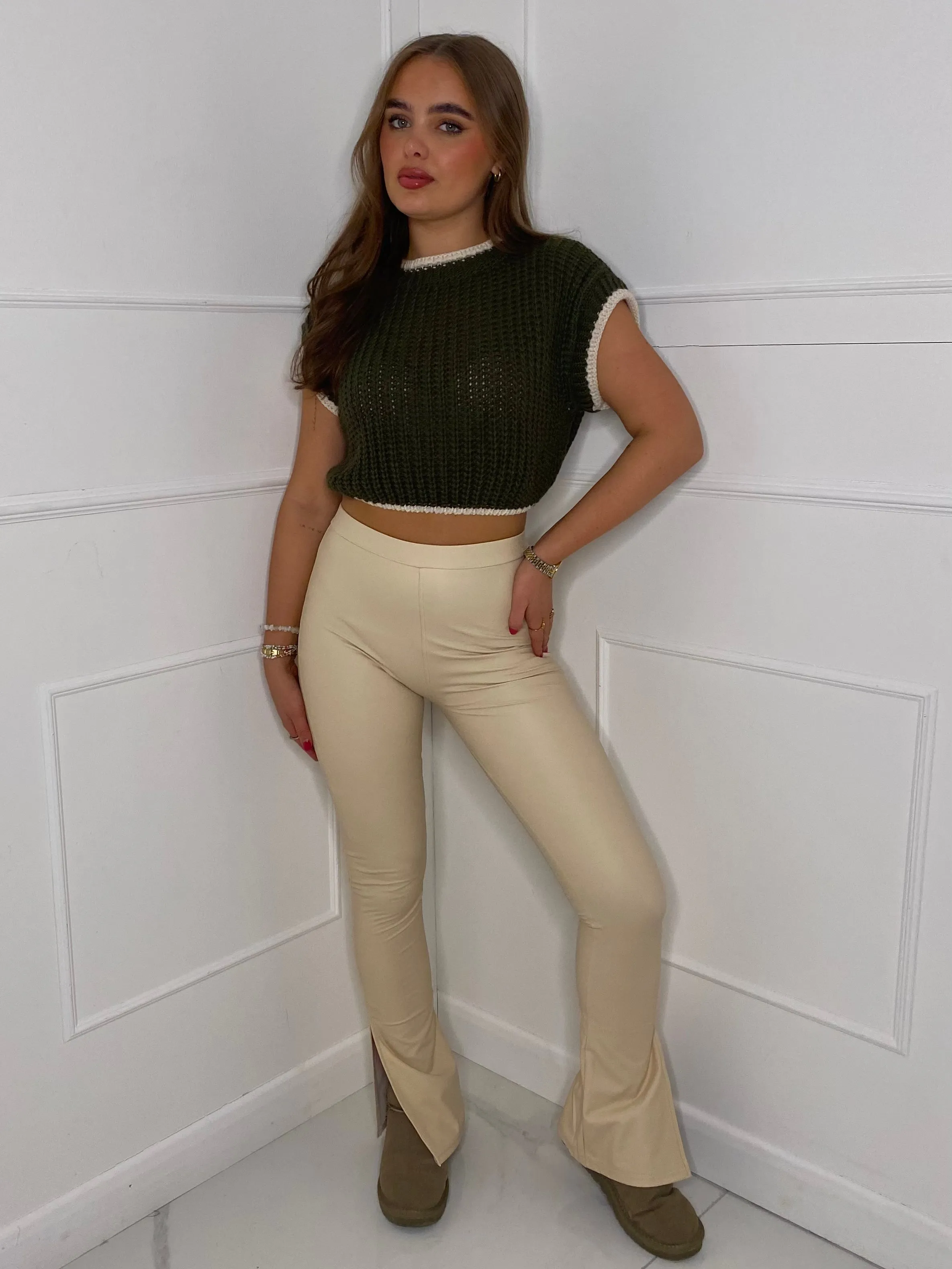 Leather Look Slit Flared Leggings - Cream