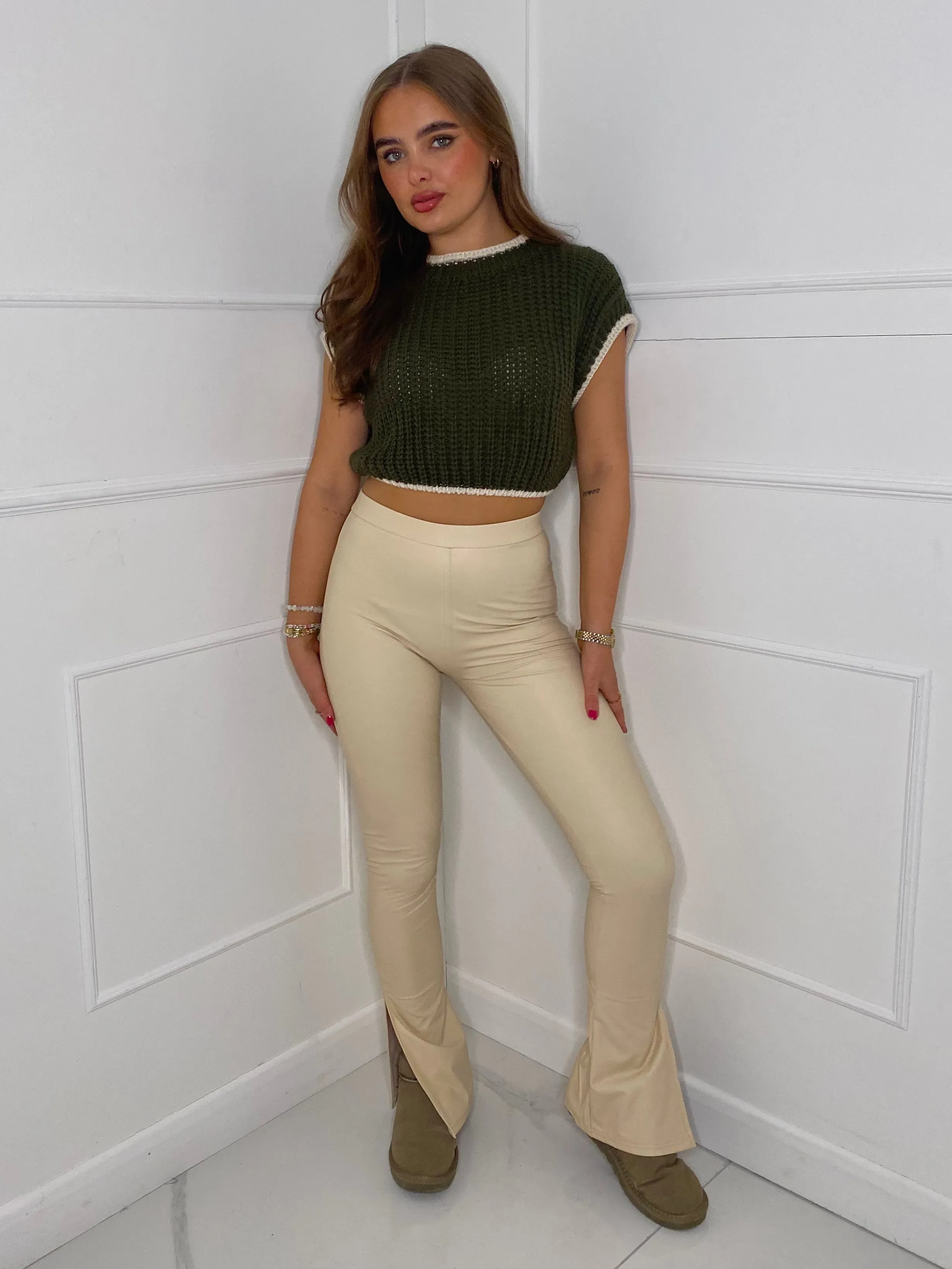 Leather Look Slit Flared Leggings - Cream