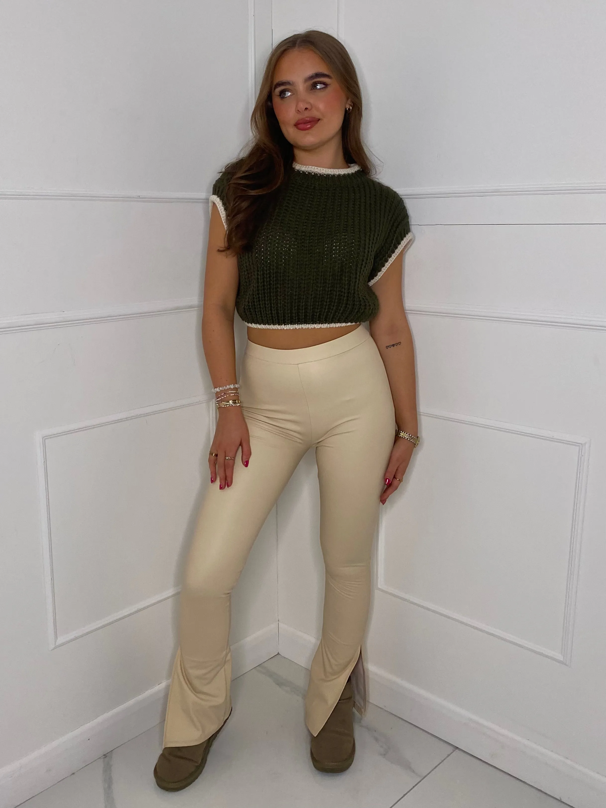 Leather Look Slit Flared Leggings - Cream