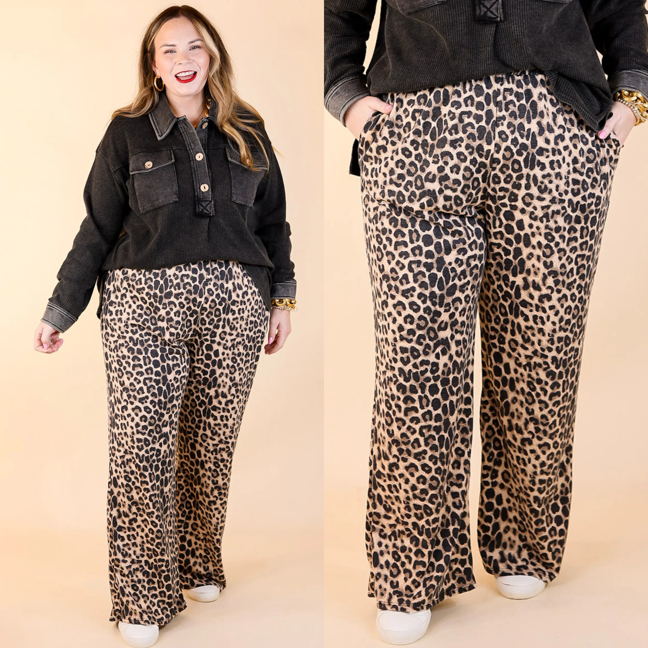 Let's Stay Home Wide Leg Lounge Pants with Pockets in Leopard