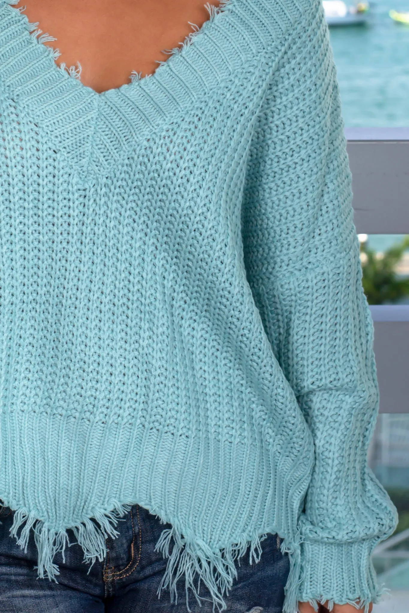 Mint Frayed Sweater