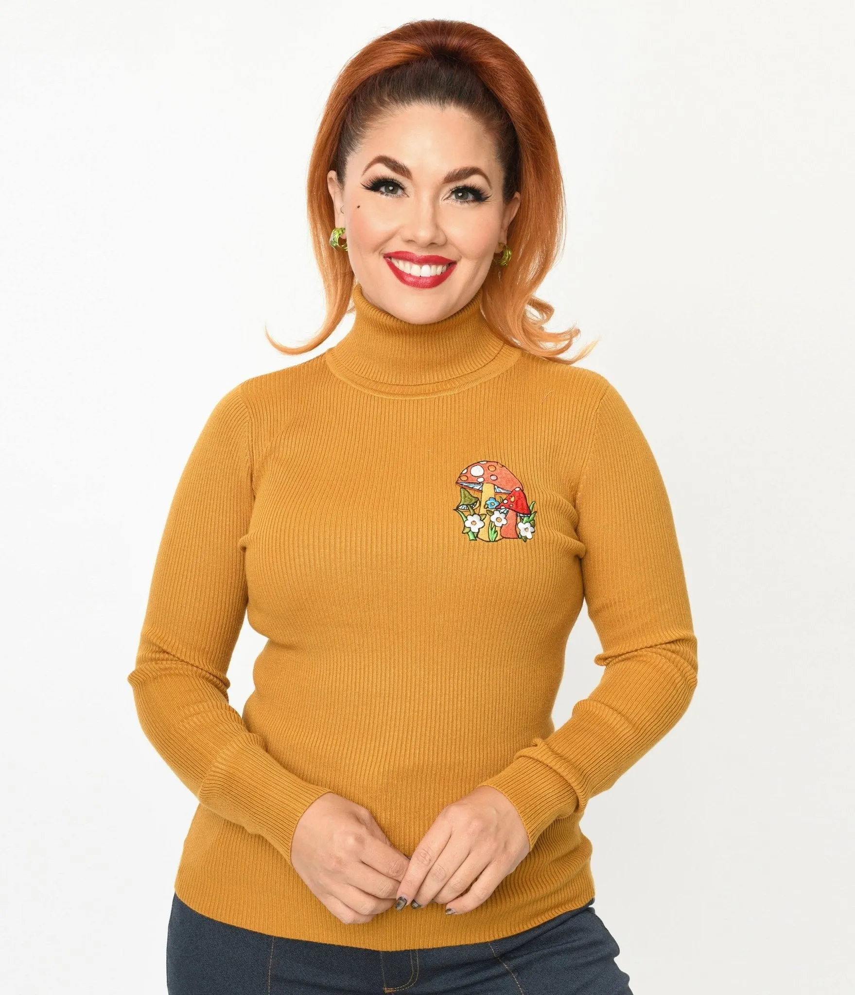 Mustard Yellow Mushroom Embroidered Turtleneck Sweater