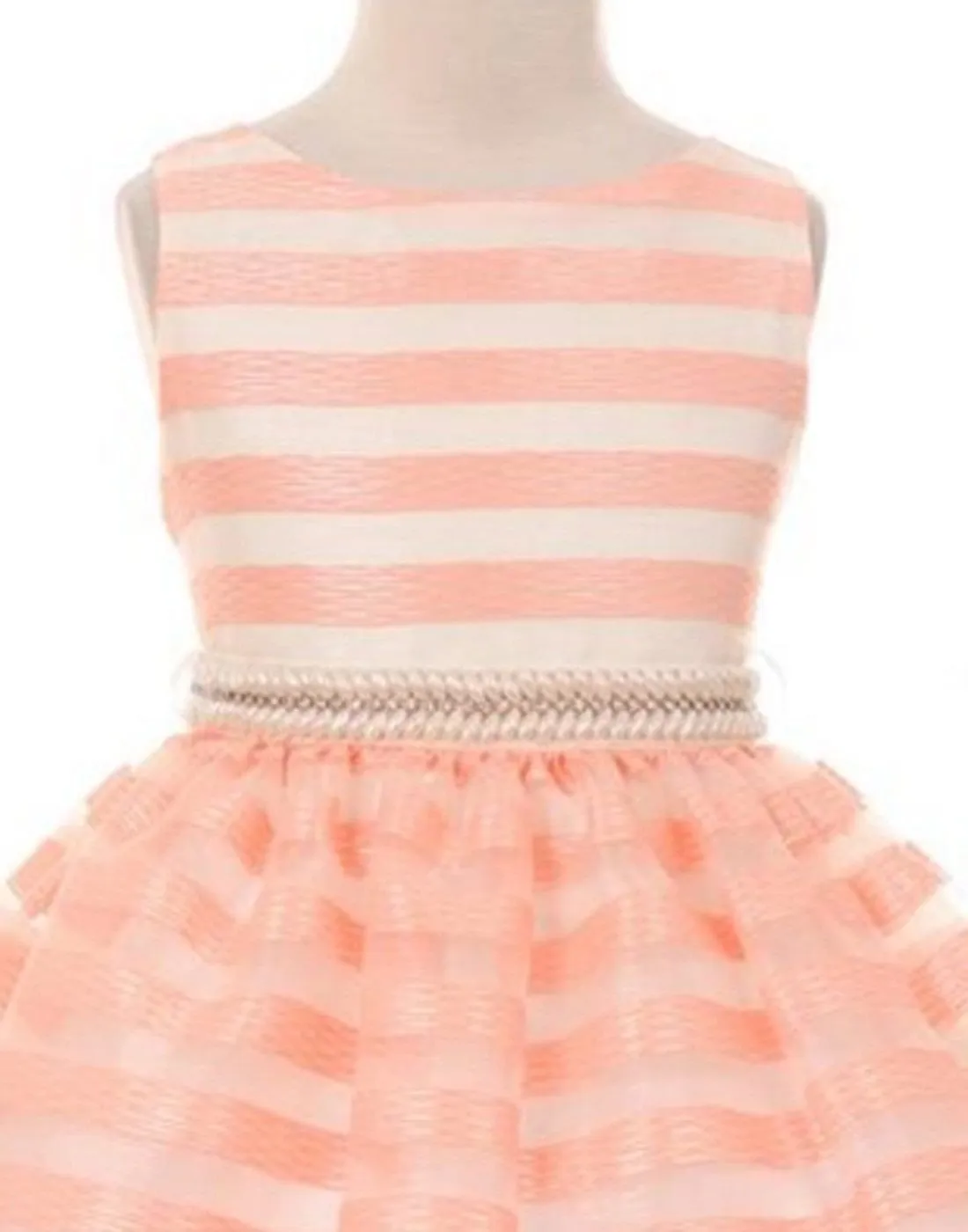 Organza Striped Overlay Dress with Gem Belt - Peach