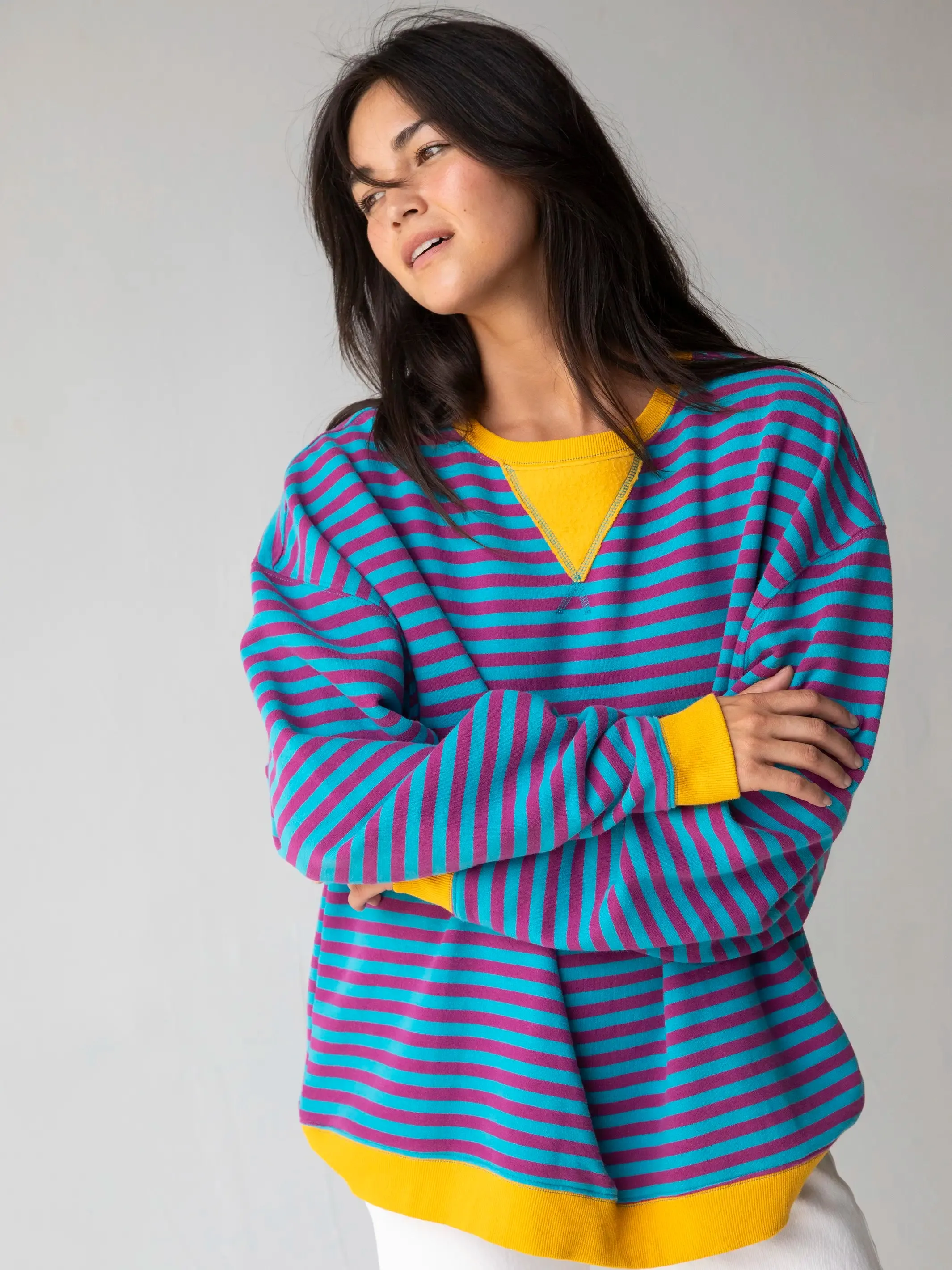 Oversized Striped Sweatshirt - Turquoise Purple Stripes